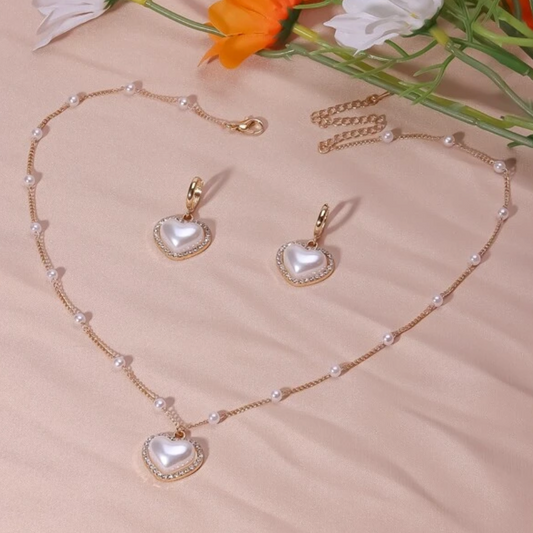 Pearl Heart Earrings & Necklace